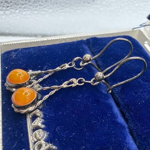 Antique vintage 800 silver Butterscotch egg yolk amber hook drop dangle earrings - Picture 4 of 10